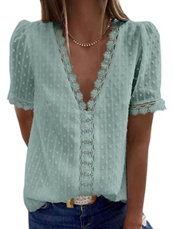 Women's V Neck Lace Crochet Tunic Tops Flowy Casual Blouses Shirts