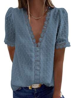 Women's V Neck Lace Crochet Tunic Tops Flowy Casual Blouses Shirts