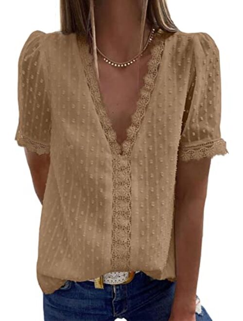 Dokotoo Women's V Neck Lace Crochet Tunic Tops Flowy Casual Blouses Shirts