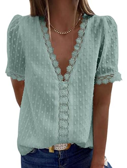 Dokotoo Women's V Neck Lace Crochet Tunic Tops Flowy Casual Blouses Shirts