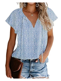 Mansy Women's Casual Floral Print V Neck Ruffle Short Sleeve Summer Shirts Tops Loose Blouses