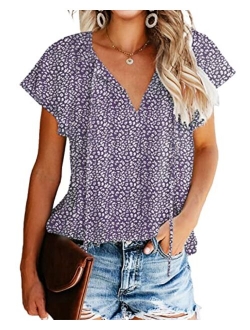 Mansy Women's Casual Floral Print V Neck Ruffle Short Sleeve Summer Shirts Tops Loose Blouses