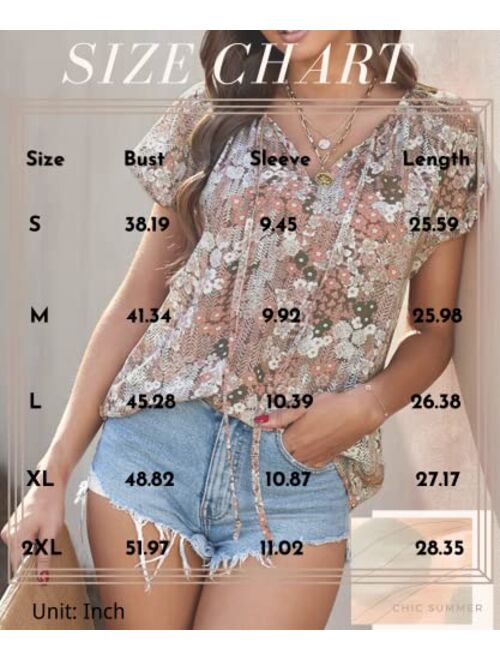 Mansy Women's Casual Floral Print V Neck Ruffle Short Sleeve Summer Shirts Tops Loose Blouses