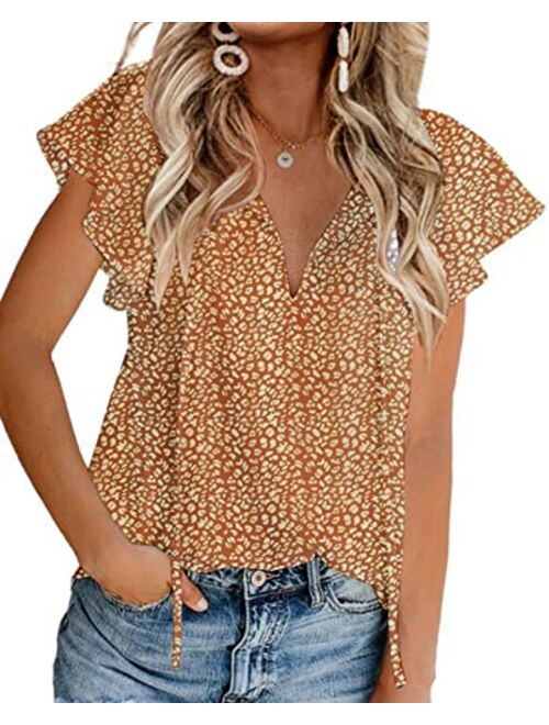 Mansy Women's Casual Floral Print V Neck Ruffle Short Sleeve Summer Shirts Tops Loose Blouses