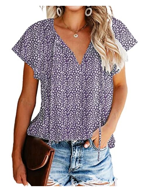 Mansy Women's Casual Floral Print V Neck Ruffle Short Sleeve Summer Shirts Tops Loose Blouses