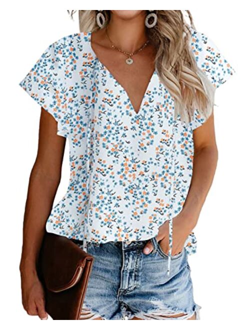 Mansy Women's Casual Floral Print V Neck Ruffle Short Sleeve Summer Shirts Tops Loose Blouses