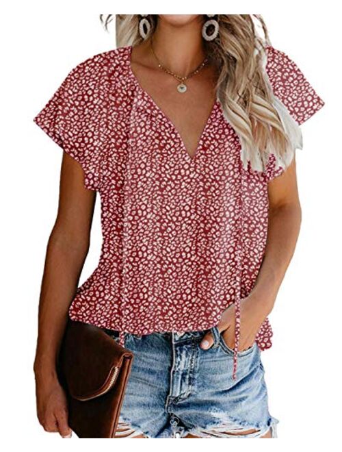 Mansy Women's Casual Floral Print V Neck Ruffle Short Sleeve Summer Shirts Tops Loose Blouses