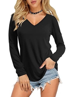 Amoretu Womens Short/Long Sleeve V Neck T Shirts Basic Tee Tops