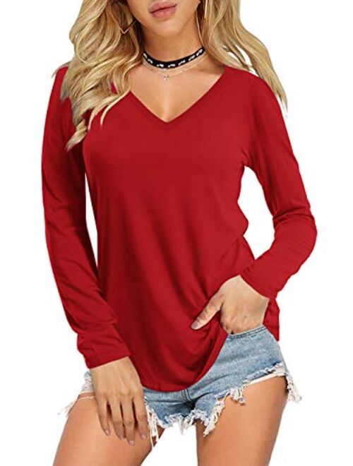 Amoretu Womens Short/Long Sleeve V Neck T Shirts Basic Tee Tops