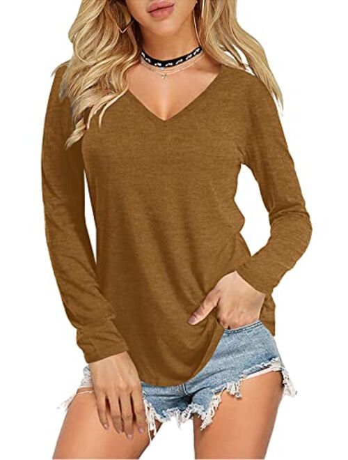 Amoretu Womens Short/Long Sleeve V Neck T Shirts Basic Tee Tops