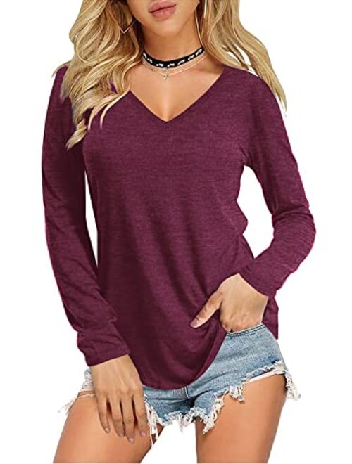 Amoretu Womens Short/Long Sleeve V Neck T Shirts Basic Tee Tops