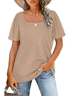 WIHOLL Womens Tops Casual Square Neck Puff Sleeve T Shirts Loose Fit