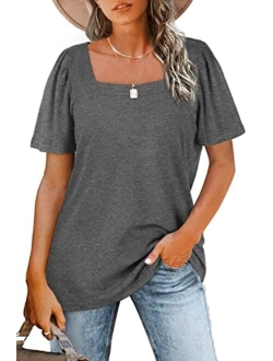 WIHOLL Womens Tops Casual Square Neck Puff Sleeve T Shirts Loose Fit