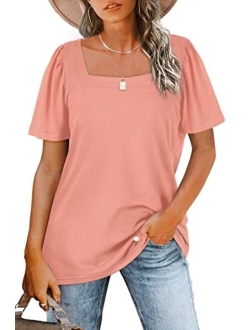 WIHOLL Womens Tops Casual Square Neck Puff Sleeve T Shirts Loose Fit