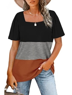 WIHOLL Womens Tops Casual Square Neck Puff Sleeve T Shirts Loose Fit