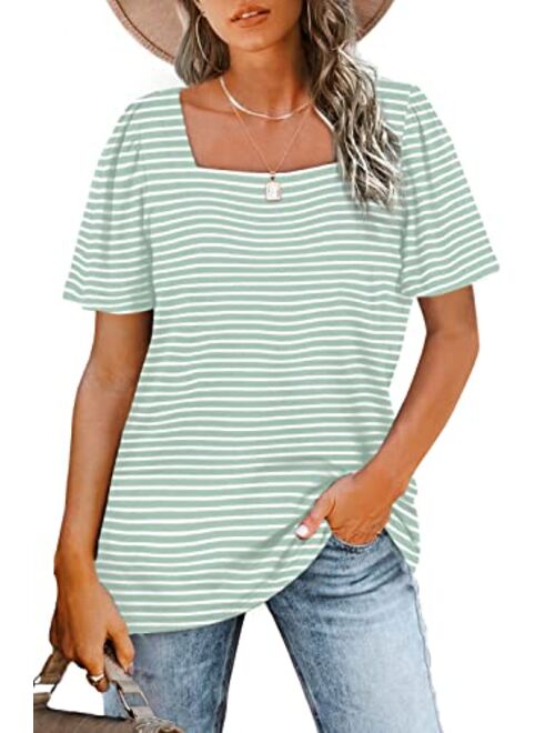 WIHOLL Womens Tops Casual Square Neck Puff Sleeve T Shirts Loose Fit