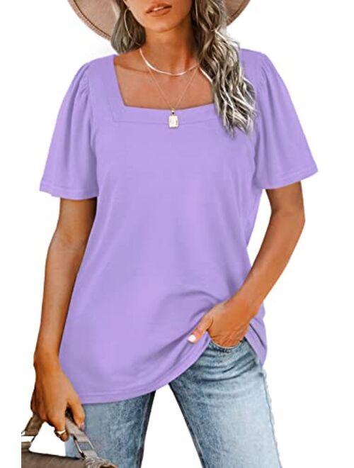 WIHOLL Womens Tops Casual Square Neck Puff Sleeve T Shirts Loose Fit