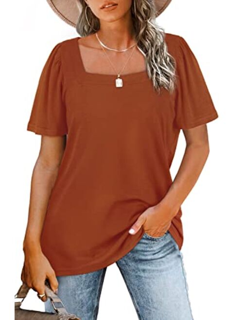 WIHOLL Womens Tops Casual Square Neck Puff Sleeve T Shirts Loose Fit