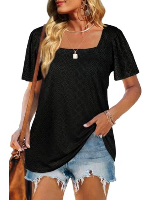 WIHOLL Womens Tops Casual Square Neck Puff Sleeve T Shirts Loose Fit