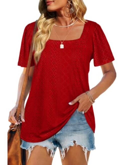 WIHOLL Womens Tops Casual Square Neck Puff Sleeve T Shirts Loose Fit