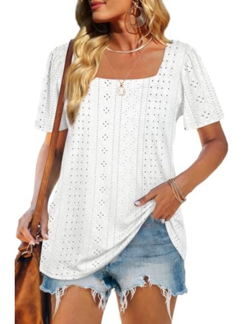 WIHOLL Womens Tops Casual Square Neck Puff Sleeve T Shirts Loose Fit