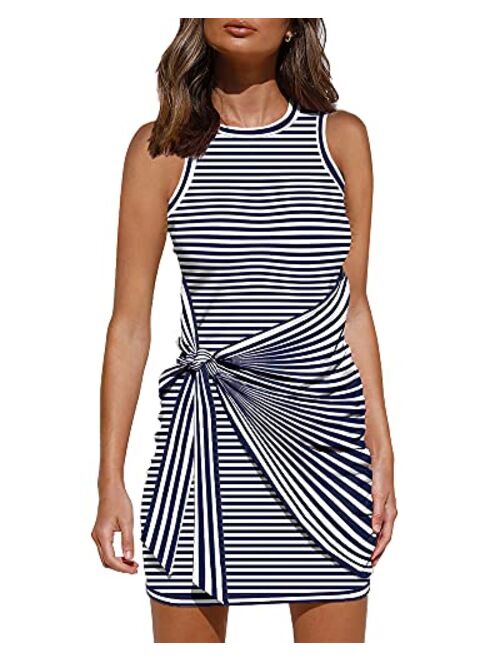 LILLUSORY Women's Summer Casual Sleeveless Beach Tank Dress Bodycon Ruched Tie Waist Mini Dresses