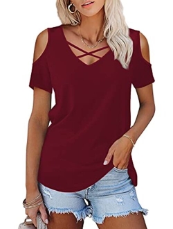 Amoretu Womens Summer Shirts V Neck Criss Cross Cold Shoulder Tops Blouse