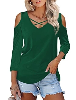 Amoretu Womens Summer Shirts V Neck Criss Cross Cold Shoulder Tops Blouse