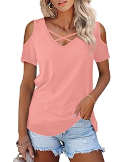 Amoretu Womens Summer Shirts V Neck Criss Cross Cold Shoulder Tops Blouse