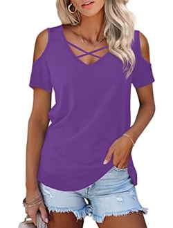 Amoretu Womens Summer Shirts V Neck Criss Cross Cold Shoulder Tops Blouse