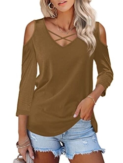 Amoretu Womens Summer Shirts V Neck Criss Cross Cold Shoulder Tops Blouse