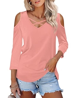 Amoretu Womens Summer Shirts V Neck Criss Cross Cold Shoulder Tops Blouse