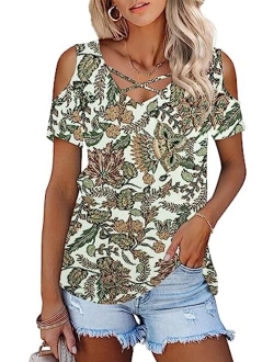 Amoretu Womens Summer Shirts V Neck Criss Cross Cold Shoulder Tops Blouse