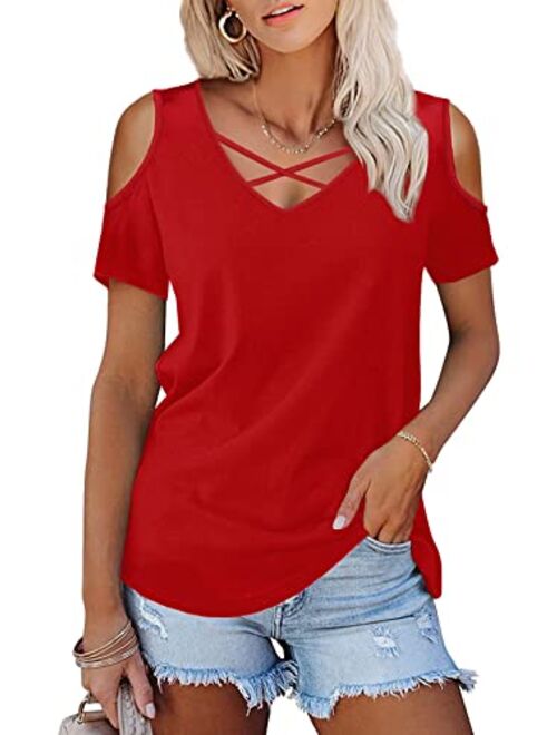 Amoretu Womens Summer Shirts V Neck Criss Cross Cold Shoulder Tops Blouse