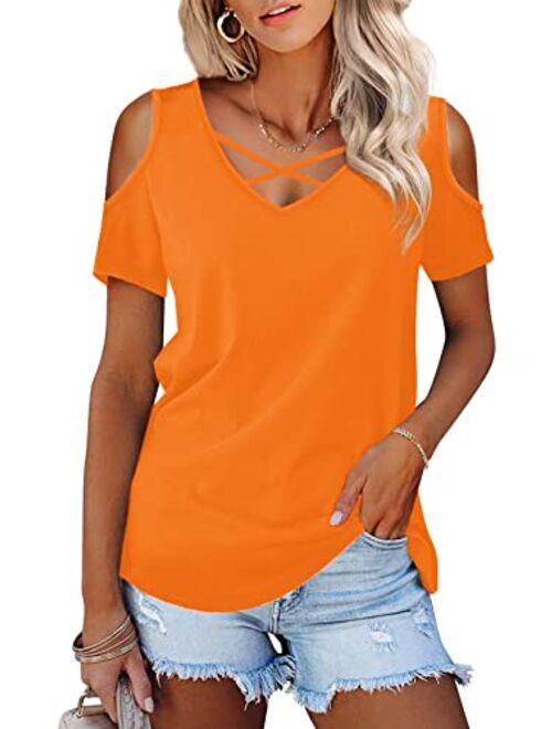 Amoretu Womens Summer Shirts V Neck Criss Cross Cold Shoulder Tops Blouse