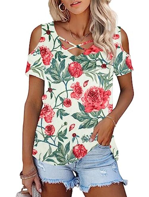 Amoretu Womens Summer Shirts V Neck Criss Cross Cold Shoulder Tops Blouse