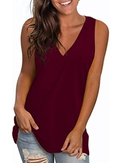 LONGYUAN Women Summer Casual Sleeveless Tank Tops Vneck Loose Fit Tunic Hide Belly Tshirt Blouse 2022