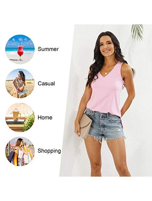 LONGYUAN Women Summer Casual Sleeveless Tank Tops Vneck Loose Fit Tunic Hide Belly Tshirt Blouse 2022