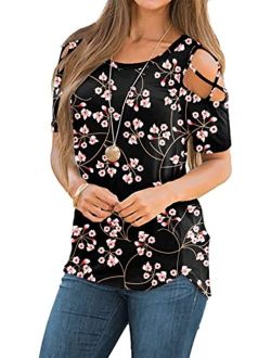 NILOUFO Womens Summer T Shirts Short Sleeve Tunic Strappy Cold Shoulder Tops