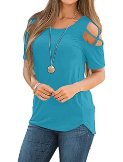 NILOUFO Womens Summer T Shirts Short Sleeve Tunic Strappy Cold Shoulder Tops