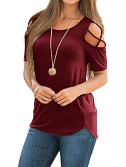 NILOUFO Womens Summer T Shirts Short Sleeve Tunic Strappy Cold Shoulder Tops