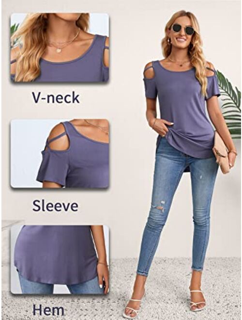 NILOUFO Womens Summer T Shirts Short Sleeve Tunic Strappy Cold Shoulder Tops