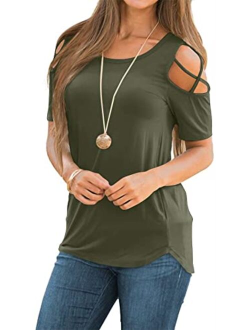 NILOUFO Womens Summer T Shirts Short Sleeve Tunic Strappy Cold Shoulder Tops