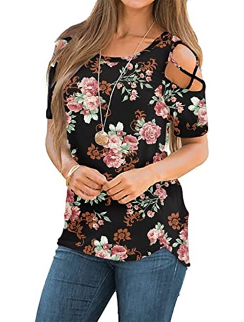 NILOUFO Womens Summer T Shirts Short Sleeve Tunic Strappy Cold Shoulder Tops