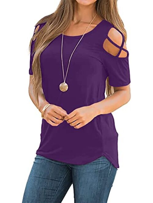 NILOUFO Womens Summer T Shirts Short Sleeve Tunic Strappy Cold Shoulder Tops