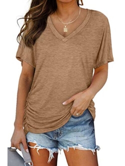 WIHOLL Womens Short Sleeve V Neck Dolman Tops with Side Shirring Loose Fit Shirts