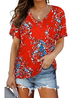 WIHOLL Womens Short Sleeve V Neck Dolman Tops with Side Shirring Loose Fit Shirts