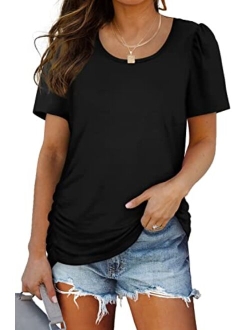 WIHOLL Womens Short Sleeve V Neck Dolman Tops with Side Shirring Loose Fit Shirts