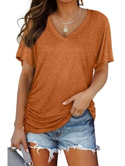 WIHOLL Womens Short Sleeve V Neck Dolman Tops with Side Shirring Loose Fit Shirts