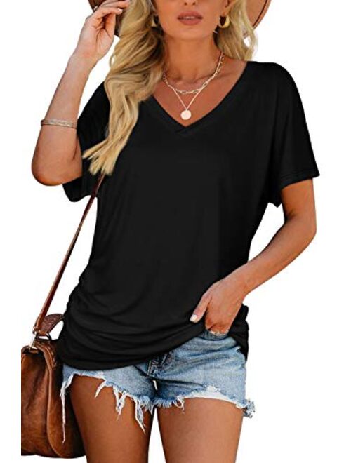 WIHOLL Womens Short Sleeve V Neck Dolman Tops with Side Shirring Loose Fit Shirts